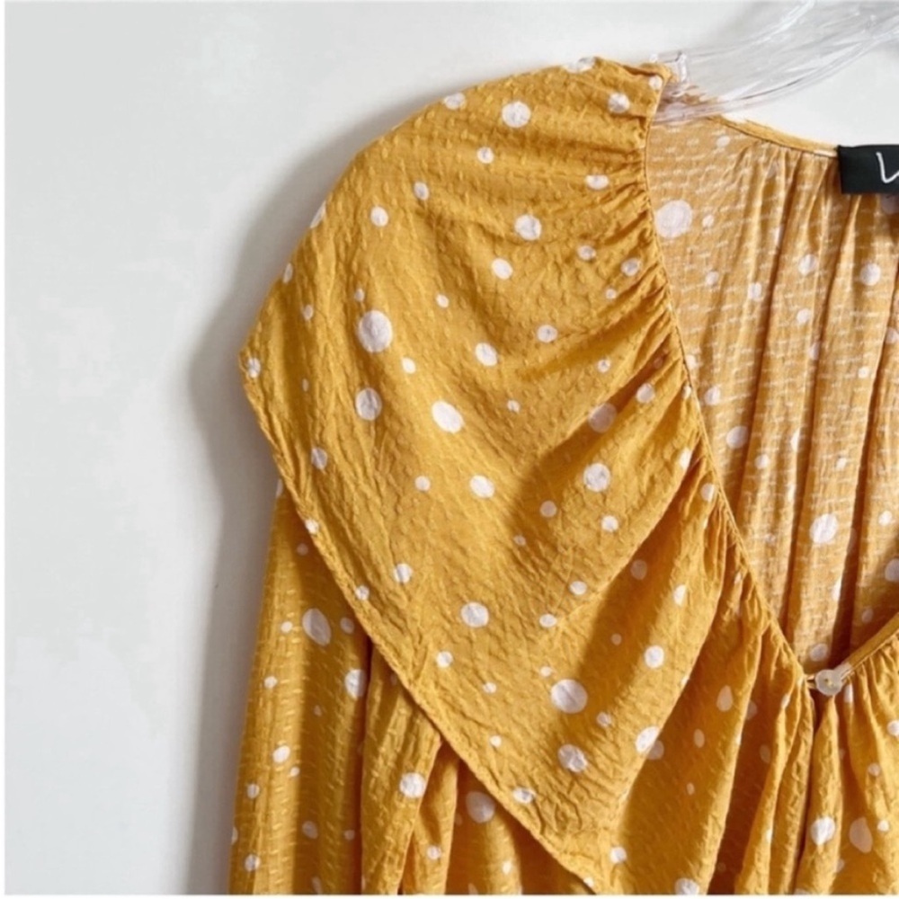 Lulu's West End Long Sleeve Top yellow mustard polka dots ruffled cropped - Picture 4 of 10